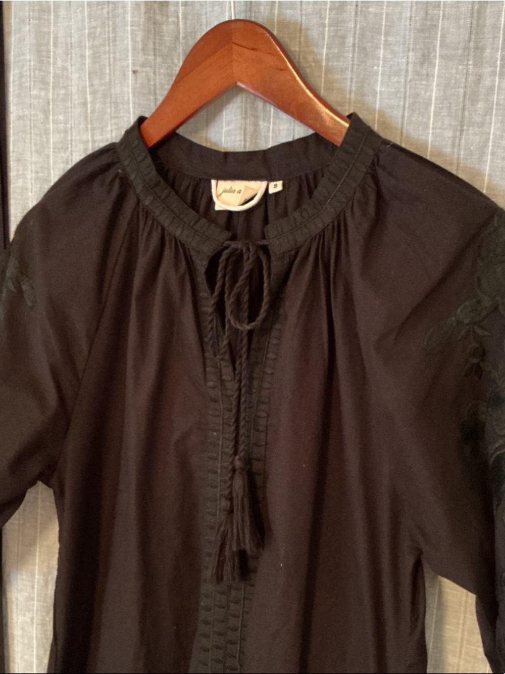 Julia Amory Black Tie-Neck Midi Dress with Braided Tassels